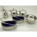 Various hallmarked silver salts, pepperettes and mustards, some with blue glass liners and 3 spoons,