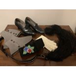 Vintage costume to include black leather ladies shows, Ostrich feather, black suede belt with bead