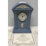 Wedgwood blue jasper Millennium clock 2000, 22.5 h x 15 w x 6cms d with certificate. Condition