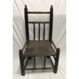 Early 19thC oak and elm stick back low chair, height to seat 35cms, height to back 87cms, width