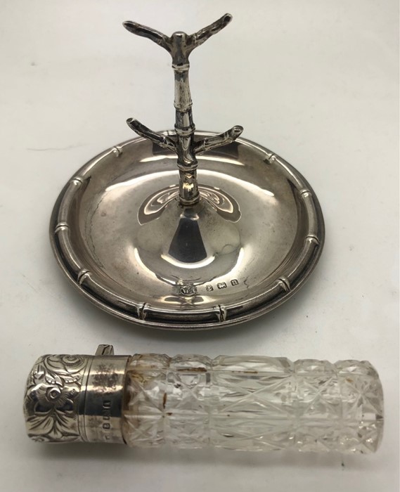 Hallmarked silver ring tree, Birmingham 1912 together with silver topped scent bottle Birmingham