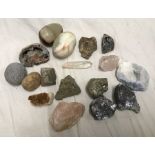 Collection of Agate stones, crystals and fossils, onyx eggs, fools gold, ammonite Condition