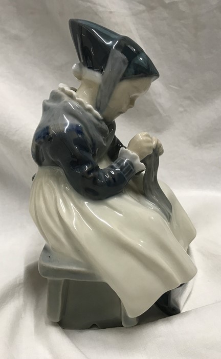 Royal Copenhagen Denmark figurine, Amager girl sewing 16cms h x 11cms w, signed to the base. Model - Image 4 of 5