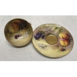 Royal Worcester hand painted fruit design cup and saucer signed Ricketts. Saucer 9.5cm d cup 5.5cm d