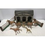 German Elastolin Giraffes and Giraffe house 32 w x 23cms h, seven giraffes, tallest 17cms h with 2