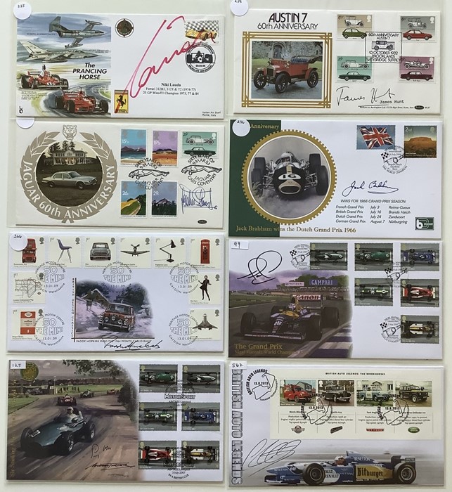 A collection of 11 First Day Covers and Issues relating to Motor Racing signed by Gina Campbell;