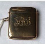 A 9ct gold vesta case. H.M Birmingham 1925, engraved initials to the front. 31gms gross.