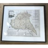 Framed coloured map print of East Riding of Yorkshire 1777. 52 w x 43cms h. Condition ReportGood