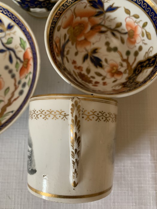 Five early 19thC porcelain cups and two saucers including Newhall bat print can. Condition ReportCan - Image 2 of 8
