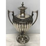 Britannia metal samovar with grapes and vine decoration, reeded sides appro 42cms h x 27cms w.