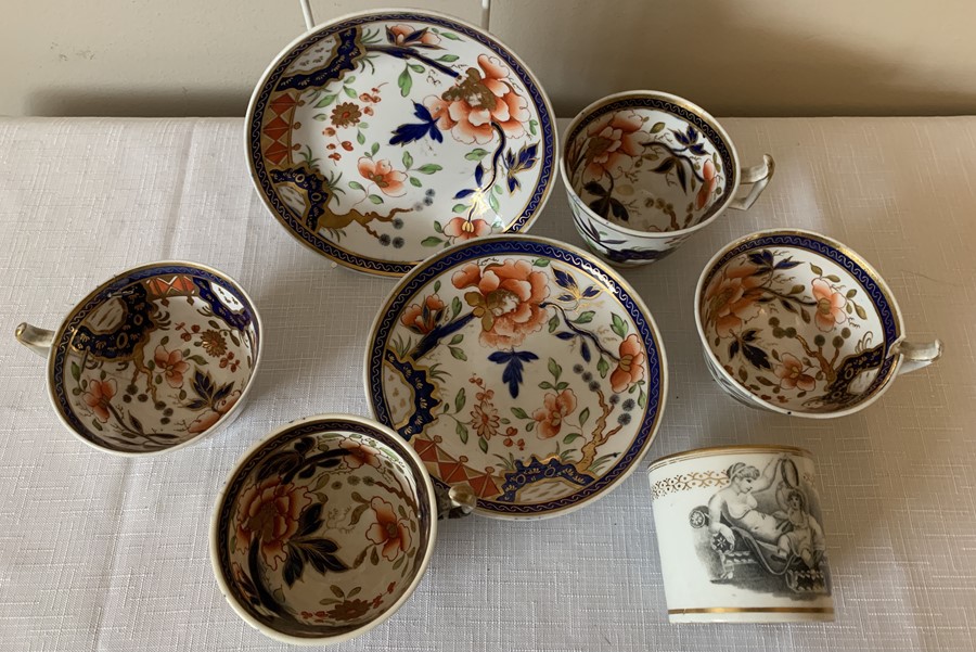 Five early 19thC porcelain cups and two saucers including Newhall bat print can. Condition ReportCan