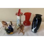Seven pieces various glass to include crackle glass jug, 11cms h. vases and animals. Condition