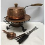 Copper and metal Fondue pan with warmer and forks, approx 24 h. Swiss made Stockli Netstal.