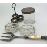 Silver, glass and plate to include hallmarked silver topped glass jar, 2 hallmarked silver salt