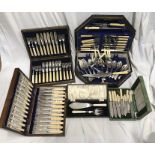 Selection of cased canteens of ivorine handled silver plated cutlery. Walker and Hall and others.