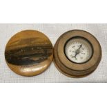 Small Mauchline ware compass box with a view of Sheringham to the lid, approx 5cms w. Condition