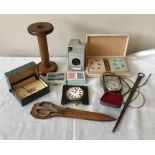 Miscellany to include Kodak camera, long wooden box, skewer, Weston Master light meter, playing