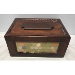 Mahogany sewing box, fitted interior with patchwork panel sides, 35 w x 23 d x 17cms h. Condition