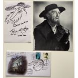 A collection of 3 Ron Moody items to include 2 signed hand-drawn sketches, 1 on a First Day Cover (