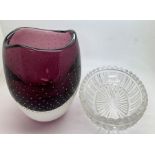 Mid Century purple Bullicante or bubble glass vase, 14cms h and a clear cut glass dish. Condition