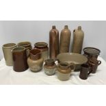 Ironstone pottery Kitchenware, storage jars, three tall bottles 30cms h, baking dish, jugs including