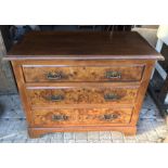 Walnut veneered 3 height chest of drawers with Art Nouveau handles. 92 w x 47 dx 76cms h.