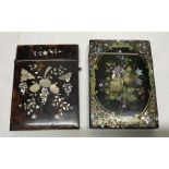Two 19thC card cases. Tortoiseshell with mother of pearl inlay floral design 10.5 x 8cms and black