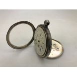 Silver chronograph key wind pocket watch, white enamel face 32749, black Roman numerals. Thomas Hill