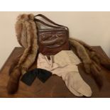Vintage crocodile skin handbag with fur stole, black bow and unused stockings.Condition