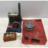 Wilesco German tinplate steam boiler with accessories and instruction leaflet. Base plate measures