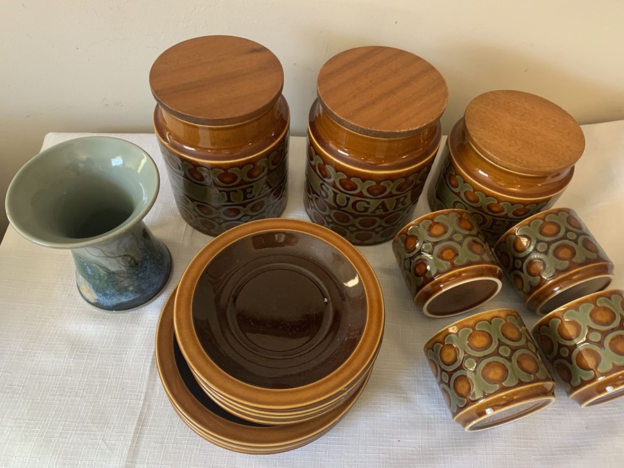 Hornsea Pottery part tea service and three storage jars, Tea, Coffee and Sugar with a Highland