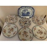 Six 18thC Chinese Imari pattern, 23cms w (2 sets of 3), an 18thC Chinese blue and white plate.