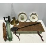 Mixed lot, two baby's plates, a dry Wicket and Hickory Dickory Dock, brass chamber oil lamp, iron,