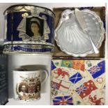 A collection of Royal memorabilia to include 3 tins, Golden Jubilee tea towel, late Foley shelly