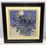 Framed Chinese silk needlework panel, Orchids by moonlight. 34 x 34cms. Condition ReportVery good