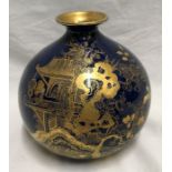 A.G. Harley Jones Wilton Ware, Cobalt blue vase with gilt decoration, Pagoda 12.5cms h. Condition