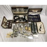 Large selection of silver plated cutlery cased and loose. Spoon and fork sets, faux ivory handled