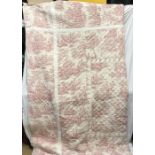 Bed linen, patterned cotton quilt bed cover, pink approx 230 x 230cms. Condition ReportMinor white