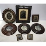Selection of Victorian photo frames with family portraits, decorative gesso framed, three circular