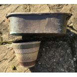 Copper planter with iron handle 41w x 18 d x 13cms h and a painted clay plant pot 16cms h. Condition