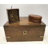 Brass bound writing box 30 w x 22 d x 15cms h and two musical boxes. One Victorian with print 10.5 h