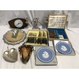 Mixed lot. Horn handled cutlery, Wedgwood Mother plates 1973, 16.5cms w, Metamec clock. 3 branch