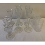 A miscellany of good quality 19thC drinking glasses to include 4 etched flutes. (9)Condition