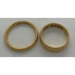 Two 22ct gold wedding bands, 9.2gms total weight, sizes O and L. Condition ReportGood condition,