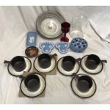 Mixed lot, Wedgwood blue jasper, Dovestone pottery soup bowl x , Ruby drinking glass, slipware