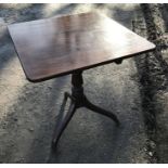 Victorian mahogany square tip top table table, pedestal base, tripod legs. 66cms w x 73cms h.