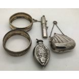 Silver napkin rings, Birmingham 1916 handbag on chain, marked .925, scent bottle with floral
