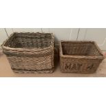 Two wicker baskets, largest 56 w x 42 d x 42cms h with rope handles. Condition ReportSlight a/f to