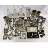 Quantity of silver plated table wear, 3 bottle decanter tray. 4 piece tea set, condiments, one cased