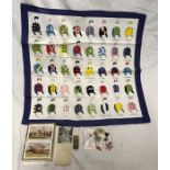 Mixed lot, Headscarf with racehorse owner colours, 49cms square, Racehorse playing cards, small